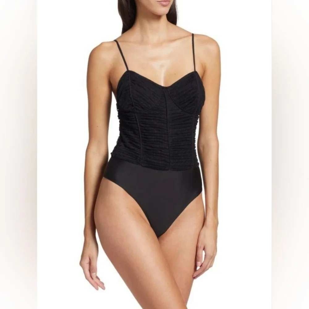 CAMI NYC Nicole Black Swiss Dot Mesh Ruched Bustier Bodysuit Size 6